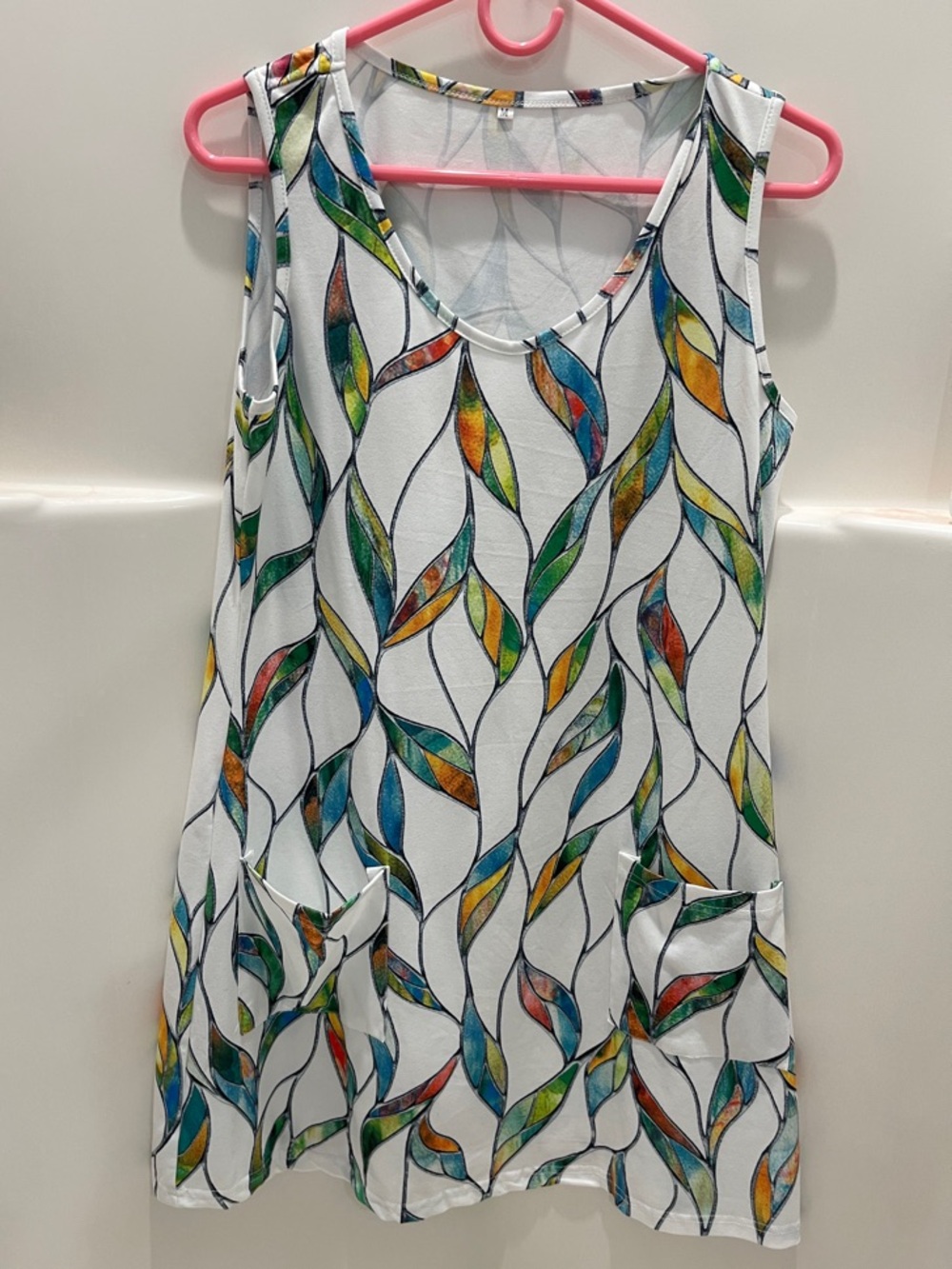 White Midi Dress with Multicolor Leaf Print